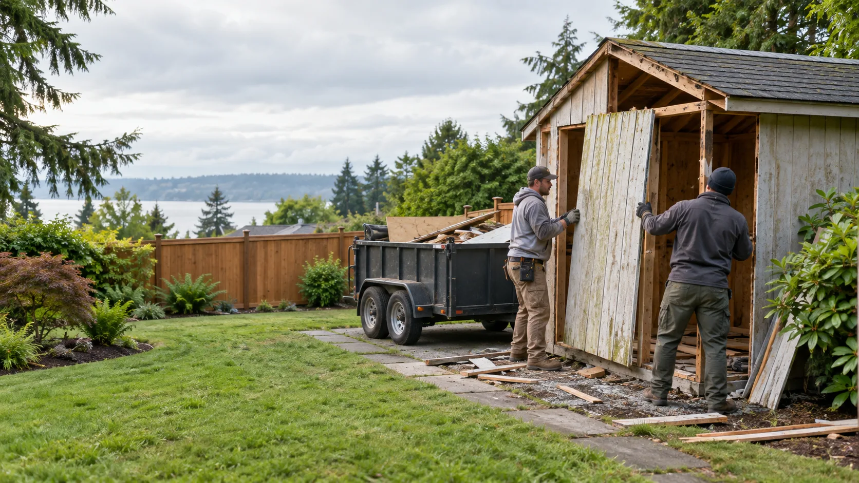 Workers carefully dismantling a backyard shed